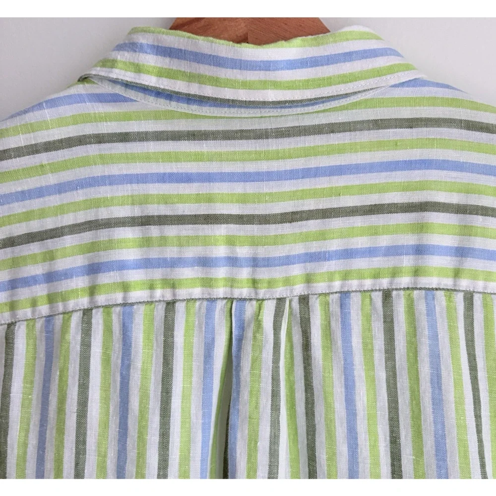 Banana Republic Mens L Linen Striped Button Front Shirt Long Sleeve Green Blue